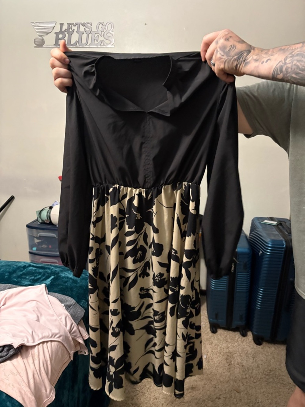 Black and Cream Floral Long-Sleeve Midi Dress